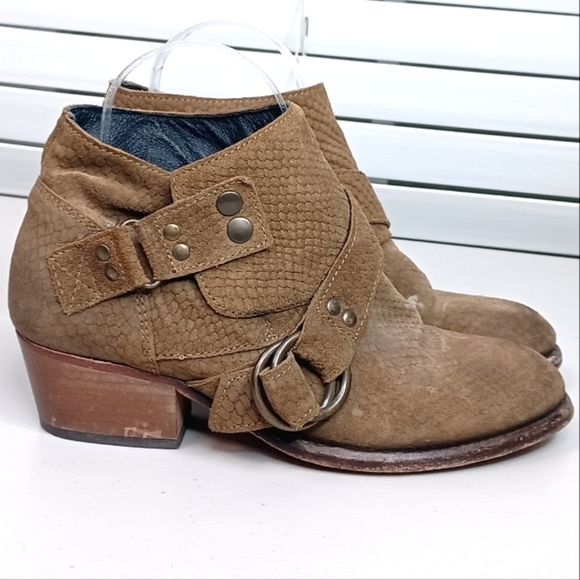 Free People Boho Leather Sz 38 Tortuga Strappy Suede Stacked Heel Booties - Picture 3 of 16